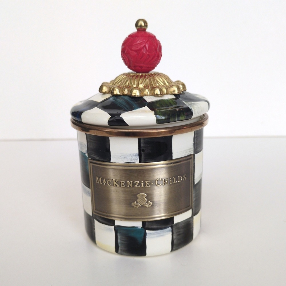 MacKenzie Childs Courtly Check Enamel Canister Small Metal Black White Jar 5.75"